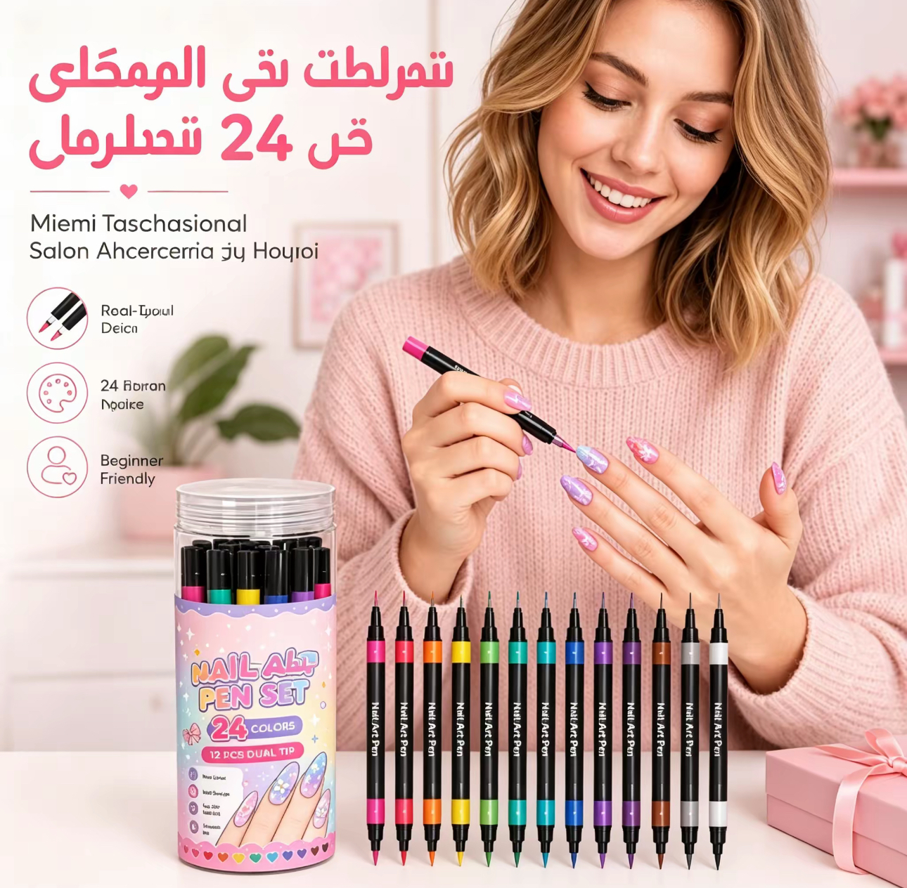 BE3171 | ٢٤ لونًا من أقلام تزيين الأظافر ذات الطرفين - مجموعة رسم مانيكير يمكنكِ صنعها بنفسكِ -v4