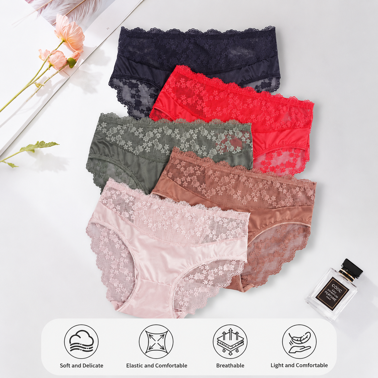 UW3061 | طقم سراويل داخلية نسائية من الدانتيل مكون من 5 قطع - خصر متوسط سراويل بيكيني -v4 UW3061 | طقم سراويل داخلية نسائية من الدانتيل مكون من 5 قطع - خصر متوسط سراويل بيكيني -v4